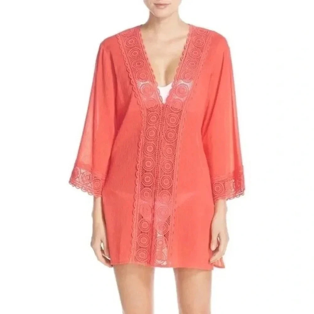Coral la blanca island fare swim coverup crochet v-neck size small